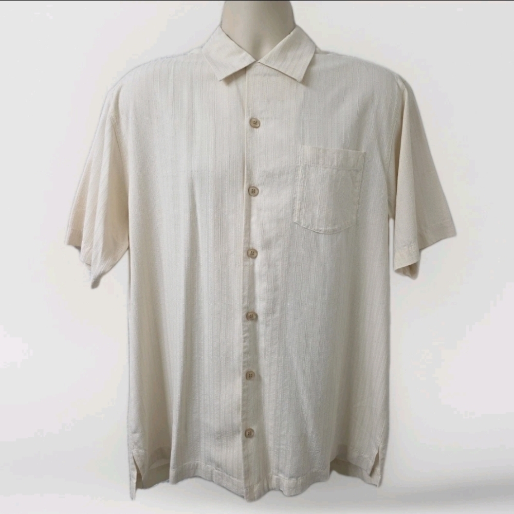 88. Tommy Bahama Men’s Size S/P Beige Textured Jacquard Camp Shirt - Style T3409